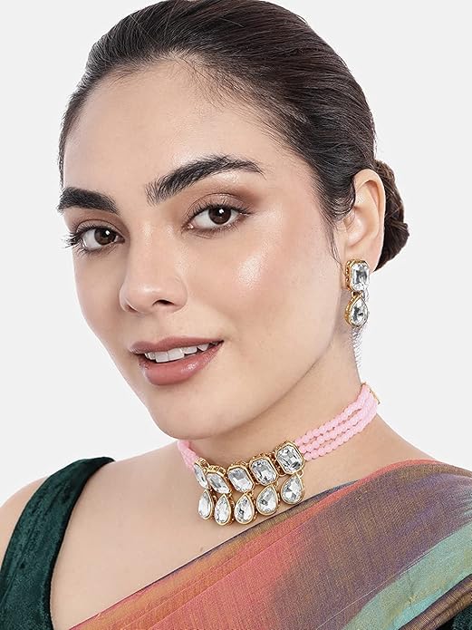 Indian Choker Set in Traditional Crystal and Pearl Choker Necklace with Earrings Jewellery Set for Women and Girls