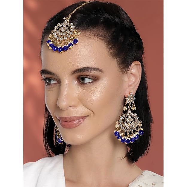 Maang Tikka with Pearl in Gold Plated Kundan Blue Faux Pearl Wedding Set