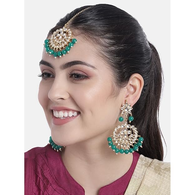 Bridal Mang Tika in Gold Plated Pearl and Kundan Studded Earring Set