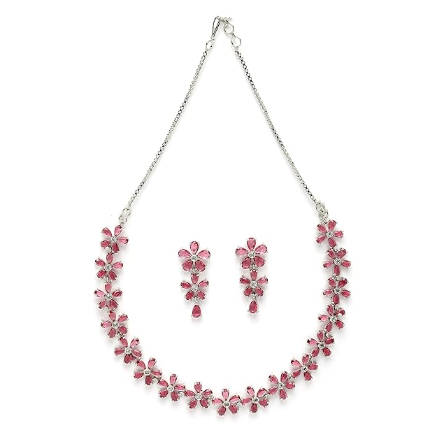 American Diamond Jewellery in Silver in Rhodium Plated Silver Toned White AD Studded Flower Shaped Jewellery Set