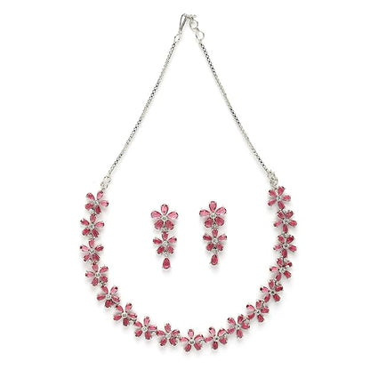 American Diamond Jewellery in Silver in Rhodium Plated Silver Toned White AD Studded Flower Shaped Jewellery Set