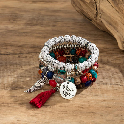Bohemian I Love You Feather Charm Beaded Multilayer Bracelet