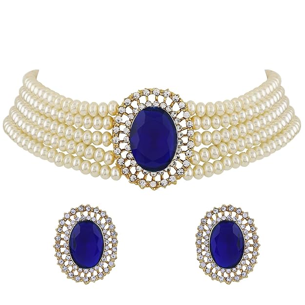 Choker Necklace in Gold Plated Traditional Stone Studded Pearl Choker Necklace Jewellery Set for Women and Girls