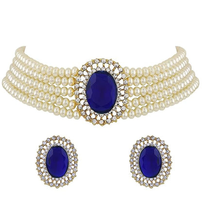 Choker Necklace in Gold Plated Traditional Stone Studded Pearl Choker Necklace Jewellery Set for Women and Girls