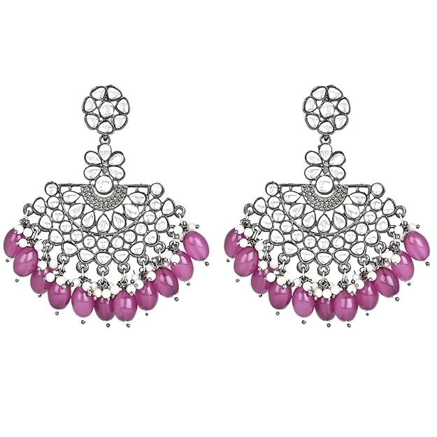 Silver Chandbali Earrings in Oxidised Kundan Pearl Design with Maang Tikka Set