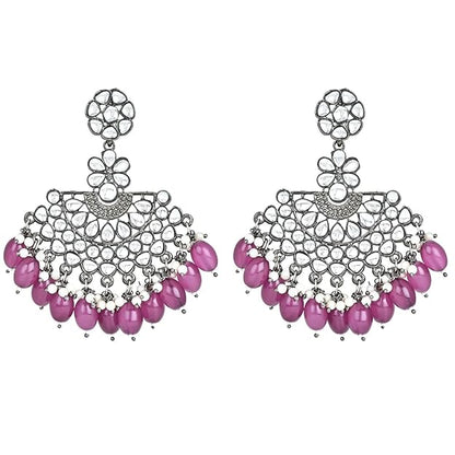 Silver Chandbali Earrings in Oxidised Kundan Pearl Design with Maang Tikka Set