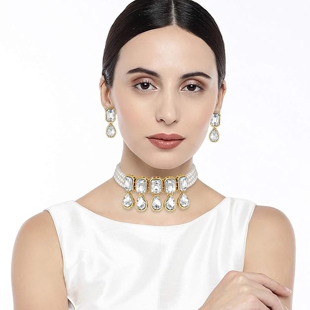 Indian Choker Set in Traditional Crystal and Pearl Choker Necklace with Earrings Jewellery Set for Women and Girls