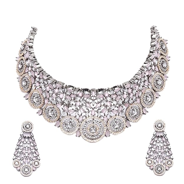 American Diamond Necklace Set in Rhodium Plated Silver Toned AD Choker Necklace with Earrings Jewellery Set for Women and Girls