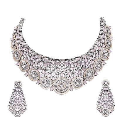 American Diamond Necklace Set in Rhodium Plated Silver Toned AD Choker Necklace with Earrings Jewellery Set for Women and Girls