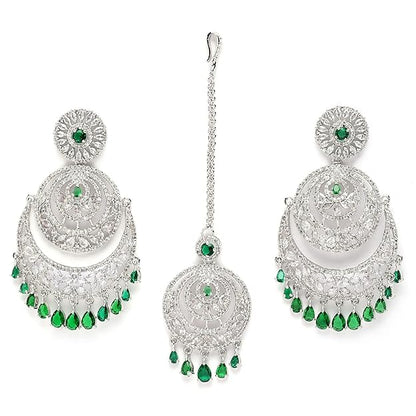 American Diamond Jewelry Set in Rose Gold Plated American Diamond Studded Maang Tikka & Earrings for Women and Girls