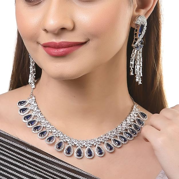 Blue American Diamond Necklace in Rhodium Plated Silver Toned White AD Studded Necklace and Earrings Jewellery Set