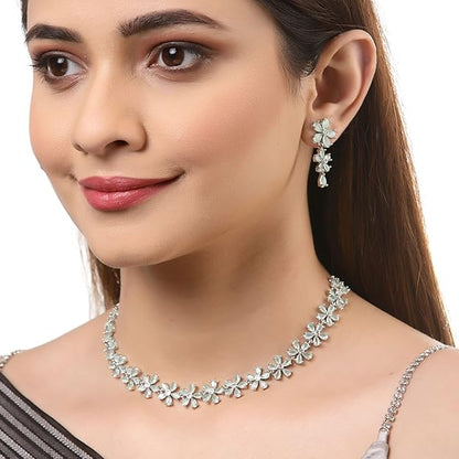 American Diamond Jewellery in Silver in Rhodium Plated Silver Toned White AD Studded Flower Shaped Jewellery Set