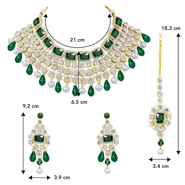 Crystal Choker Necklace with Maang Tikka and Earrings Indian Traditional Bridal Wedding Jewellery Set for Women
