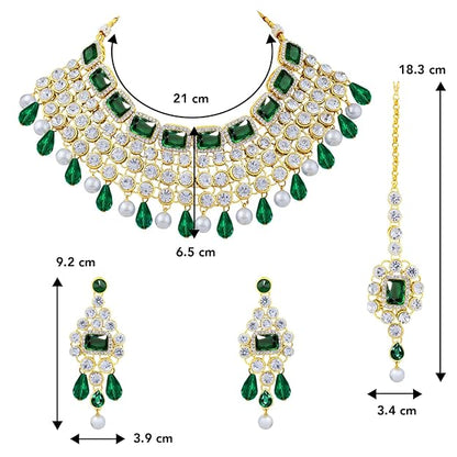 Crystal Choker Necklace with Maang Tikka and Earrings Indian Traditional Bridal Wedding Jewellery Set for Women