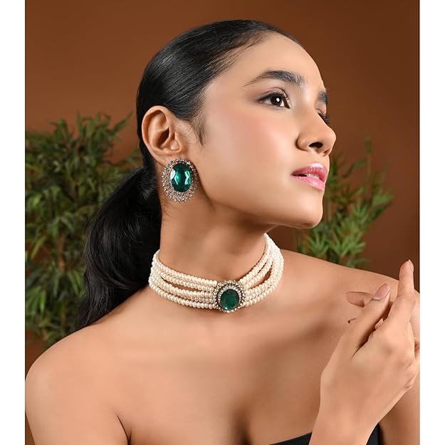 Choker Necklace in Gold Plated Traditional Stone Studded Pearl Choker Necklace Jewellery Set for Women and Girls
