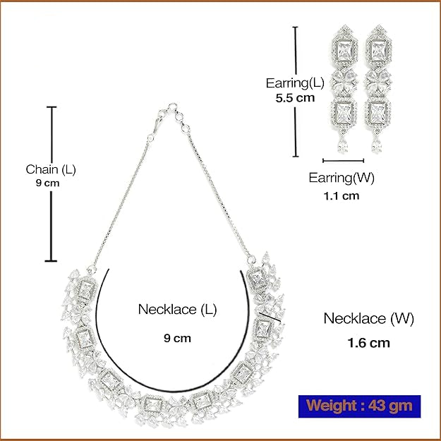 American Diamond Jewellery in Rhodium Plated Silver Toned Green and White AD Studded Necklace and Earrings Set for Women