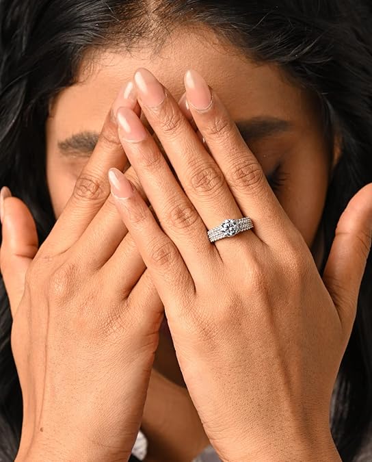 Silver Engagement Ring in Pure 925 Sterling Silver Solitaire Design with Adjustable Band