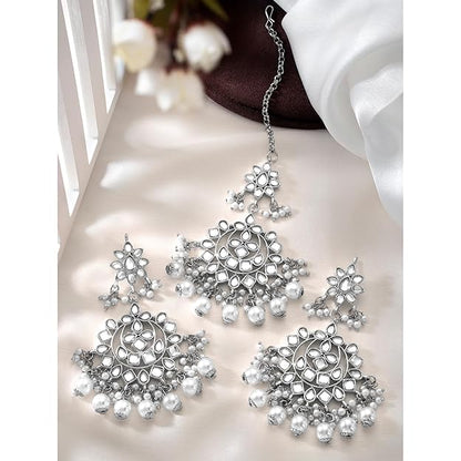 Maang Tikka with Pearl in Gold Plated Kundan Blue Faux Pearl Wedding Set