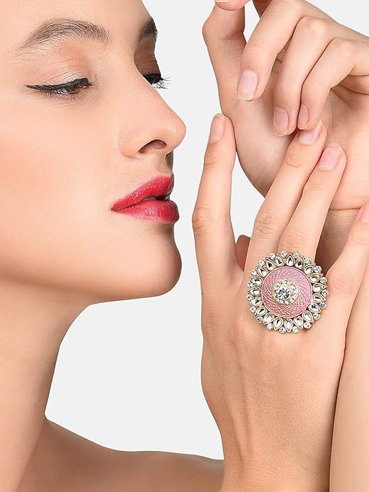 Pastel Pink Meenakari Kundan Traditional Ring