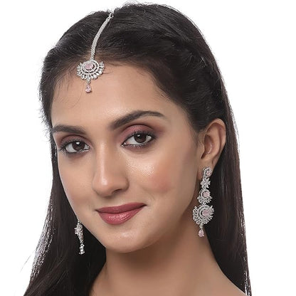 Diamond Mang Tikka in Rose Gold Plated American Diamond Studded Maang Tikka & Earrings Jewellery Set