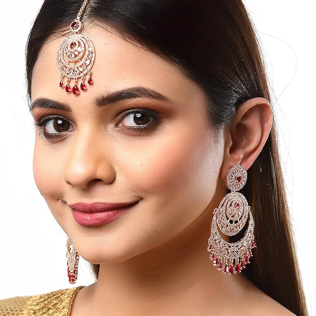 American Diamond Jewelry Set in Rose Gold Plated American Diamond Studded Maang Tikka & Earrings for Women and Girls