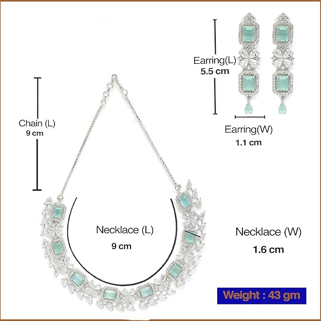 Jewelry set with necklace and earrings, including measurements and brand name 'Desi Dazzling'.