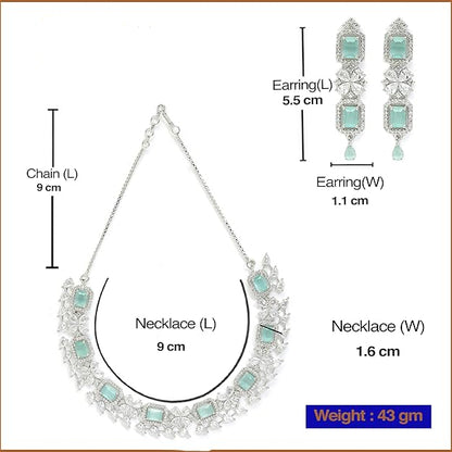 Jewelry set with necklace and earrings, including measurements and brand name 'Desi Dazzling'.