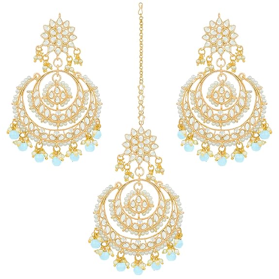 Mang Tikka for Women in Traditional Rhodium Kundan & Pearl Earring Set Design