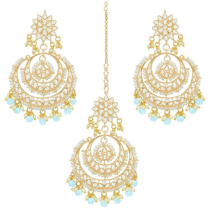 Mang Tikka for Women in Traditional Rhodium Kundan & Pearl Earring Set Design