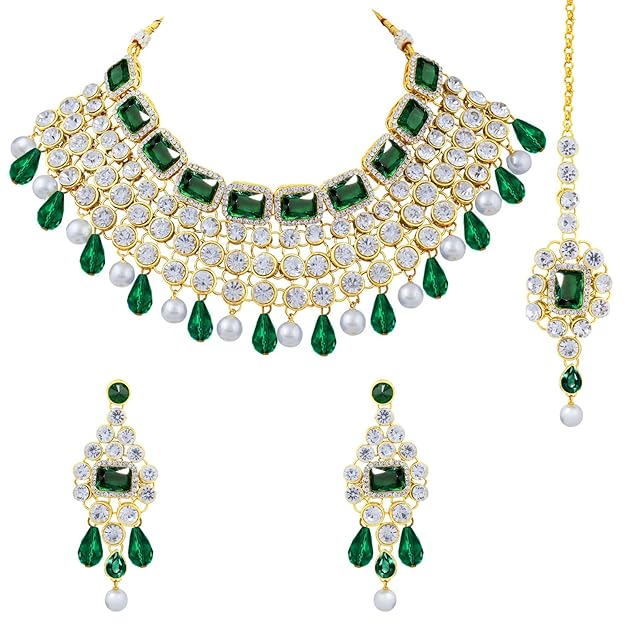 Crystal Choker Necklace with Maang Tikka and Earrings Indian Traditional Bridal Wedding Jewellery Set for Women
