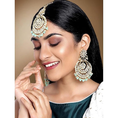 Mang Tikka for Women in Traditional Rhodium Kundan & Pearl Earring Set Design