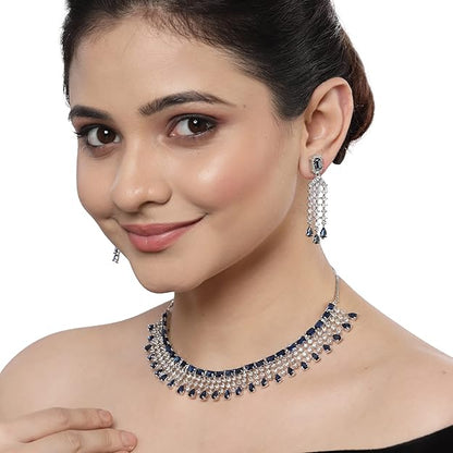 American Diamond Choker Set in Floral Design AD Studded Choker Necklace with Earrings for Women and Girls