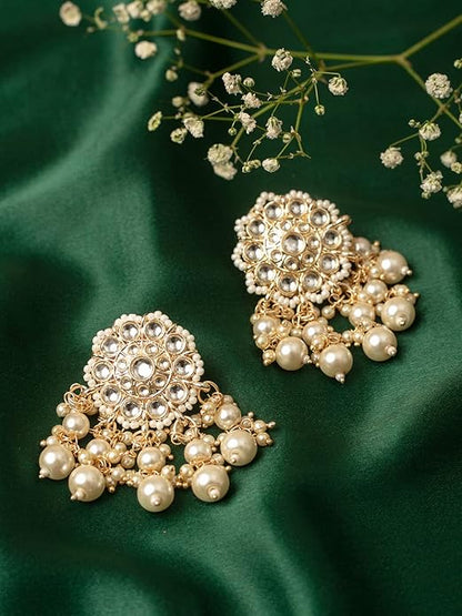 Gold Tone Kundan Pearl Wedding Dangle Earrings