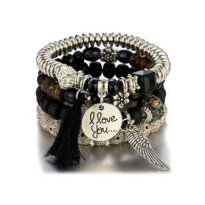 Bohemian I Love You Feather Charm Beaded Multilayer Bracelet for Women & Girls