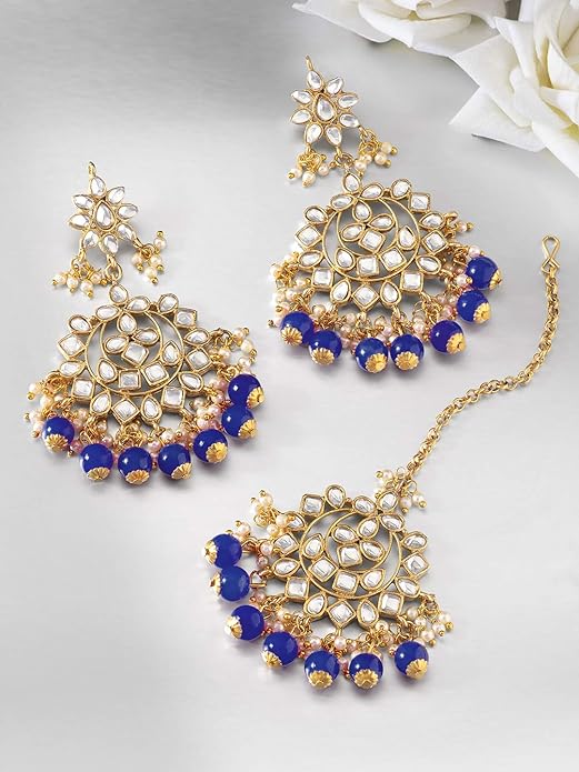 Maang Tikka with Pearl in Gold Plated Kundan Blue Faux Pearl Wedding Set