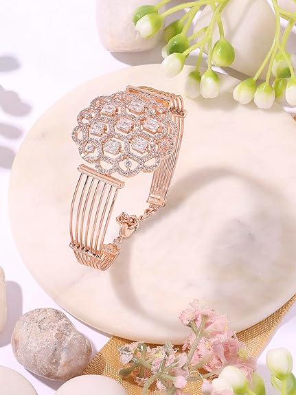 Rose Gold Plated Bracelet with Dazzling Cubic Zirconia Kada Style