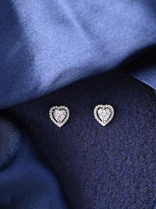 Heart Stud Earrings in Sterling Silver Zilvia Heart Solitaire Design with Platinum Plated Swiss Zirconia