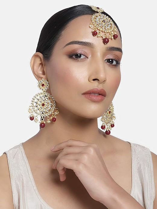 Indian Head Jewelry in 18K Gold Plated Kundan & Pearl Chandbali Earring Set