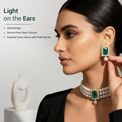 Pearl Choker Necklace in Gold Plated Traditional Stone and Pearl Choker Necklace Jewellery Set for Women