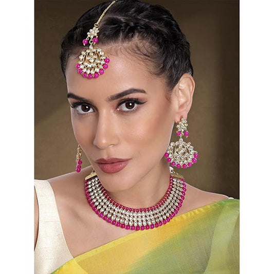 Kundan Necklace in Gold Plated White Pearl Kundan Choker Necklace with Earrings and Maang Tikka Jewellery Set for Women