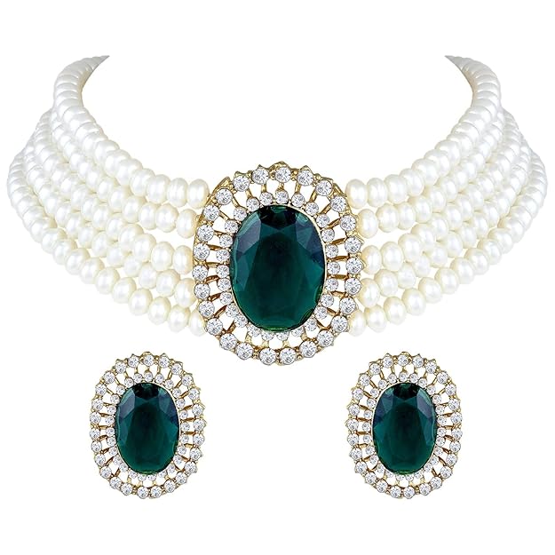 Choker Necklace in Gold Plated Traditional Stone Studded Pearl Choker Necklace Jewellery Set for Women and Girls