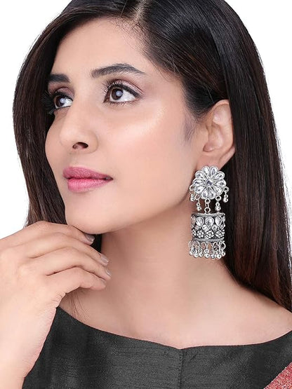 German Silver Oxidised Floral Jhumka Earrings