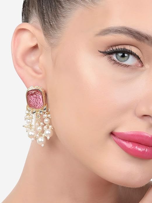 Drop Earrings Women in Wine Color Stone Kundan and Pearl Layered Gold Tone Design