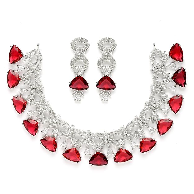 AD Necklace Set in Rhodium Plated Silver Toned Red and White American Diamond Studded Choker Necklace with Drop Earrings