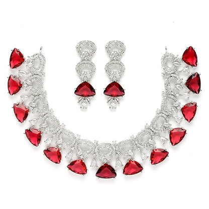 AD Necklace Set in Rhodium Plated Silver Toned Red and White American Diamond Studded Choker Necklace with Drop Earrings