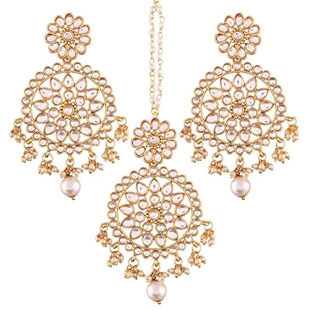 Indian Head Jewelry in 18K Gold Plated Kundan & Pearl Chandbali Earring Set