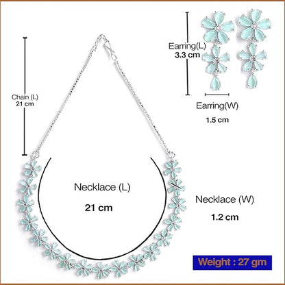 American Diamond Jewellery in Silver in Rhodium Plated Silver Toned White AD Studded Flower Shaped Jewellery Set