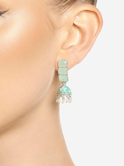 Emerald Green Drop Earrings in Mint Green Enamel Ethnic Jhumki Design for Women