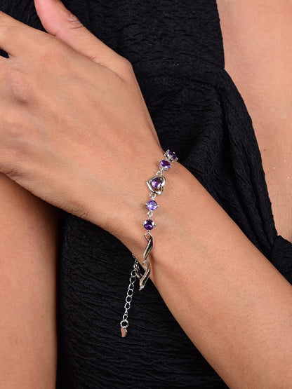 Copper Sterling Silver Plated Heart Shape Designed Charm Bracelet for Women (Purple Color)