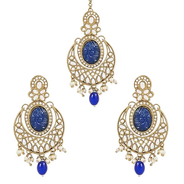 Head Maang Tikka in Gold Plated Traditional Pearl Hanging Kundan Chandbali Set